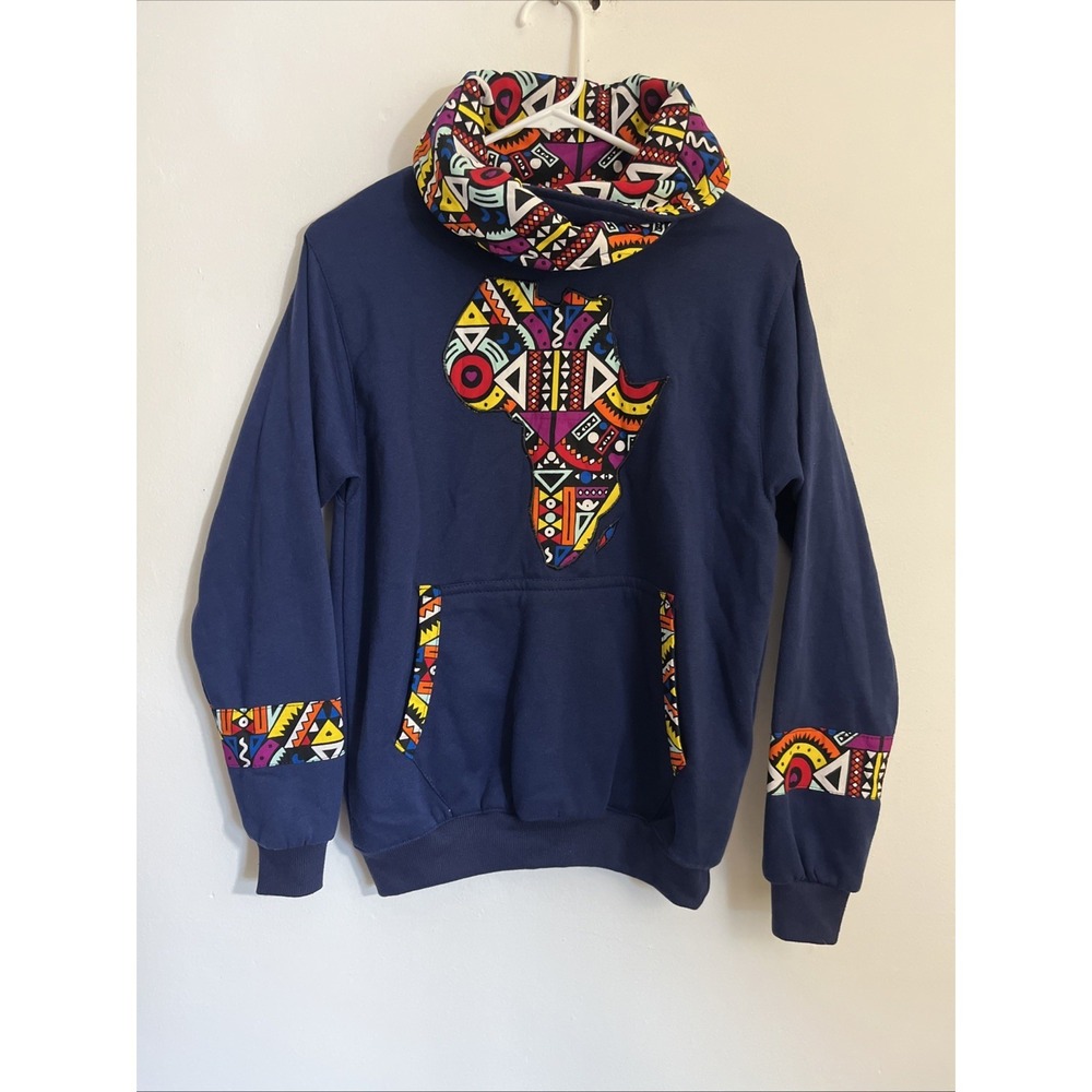 African Art Center Hoodie Unisex S Navy Blue with Multicolor Accents